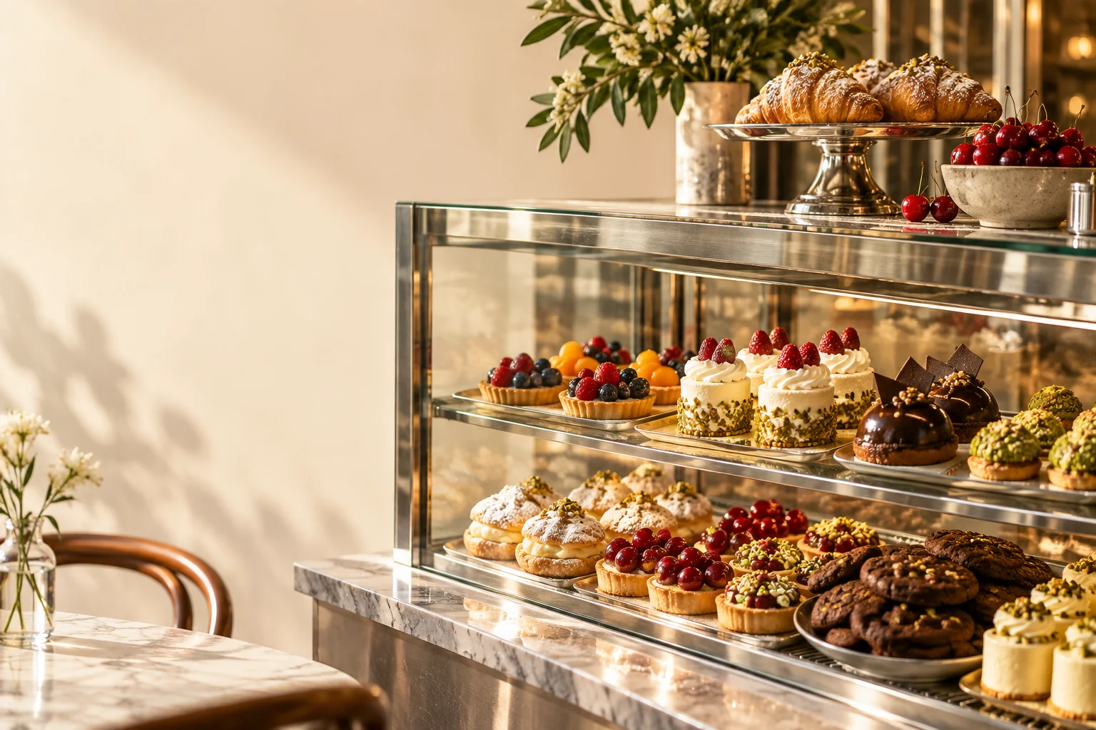 Illustrative pastry-counter still life with mini pastries, cakes, fruit and pistachio accents; not the merchant display, staff or exact inventory.